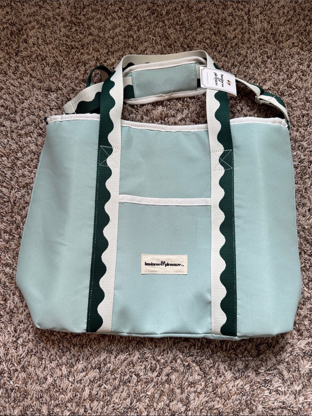 Business & Pleasure Mint Canvas Tote with Dark Green Scallop Straps